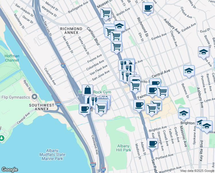 map of restaurants, bars, coffee shops, grocery stores, and more near 5804 Avila Street in El Cerrito