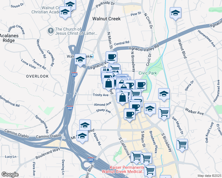 map of restaurants, bars, coffee shops, grocery stores, and more near 1676 North California Boulevard in Walnut Creek