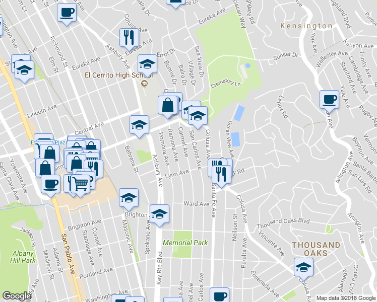 map of restaurants, bars, coffee shops, grocery stores, and more near 236 Carmel Avenue in El Cerrito