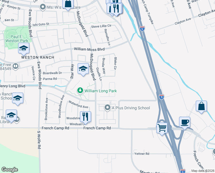 map of restaurants, bars, coffee shops, grocery stores, and more near 4427 Janell Lane in Stockton
