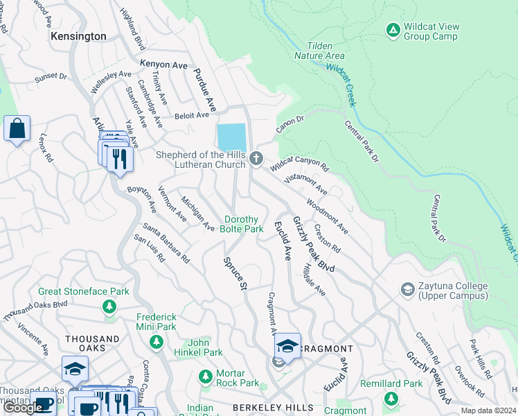 map of restaurants, bars, coffee shops, grocery stores, and more near 524 Cragmont Avenue in Berkeley