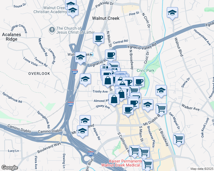 map of restaurants, bars, coffee shops, grocery stores, and more near 1657 North California Boulevard in Walnut Creek
