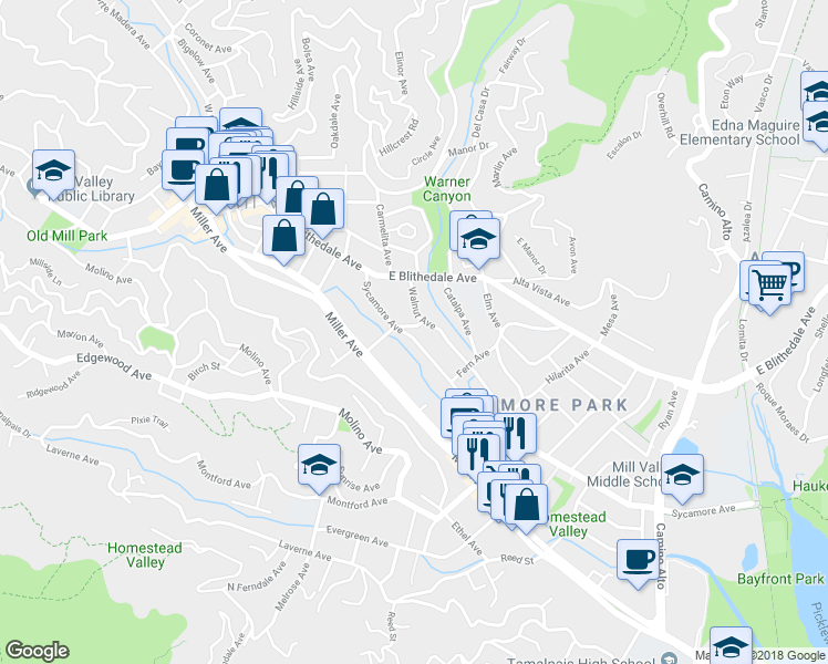 map of restaurants, bars, coffee shops, grocery stores, and more near 75 Sycamore Avenue in Mill Valley