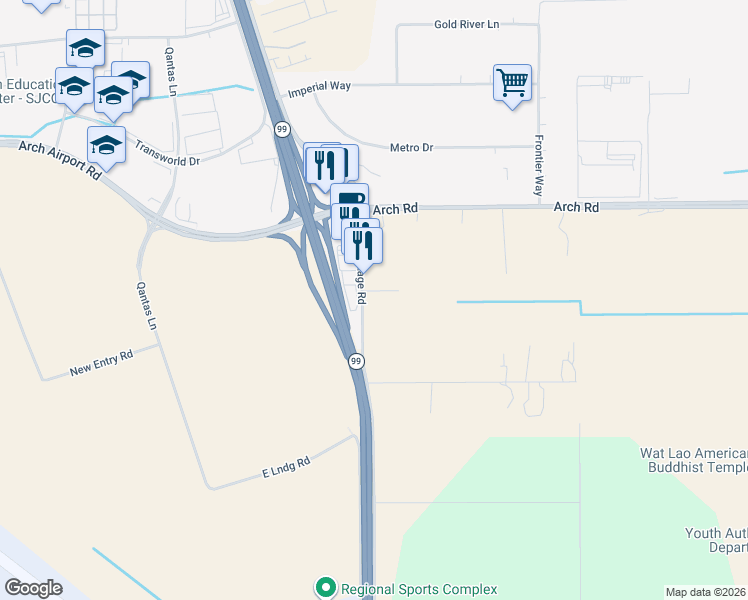 map of restaurants, bars, coffee shops, grocery stores, and more near 5054 California 99 in Stockton