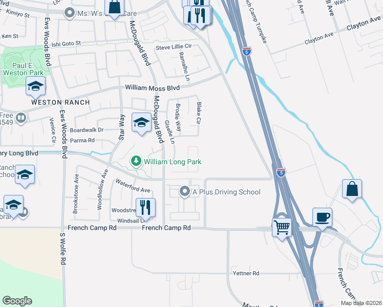 map of restaurants, bars, coffee shops, grocery stores, and more near 4427 Janell Lane in Stockton