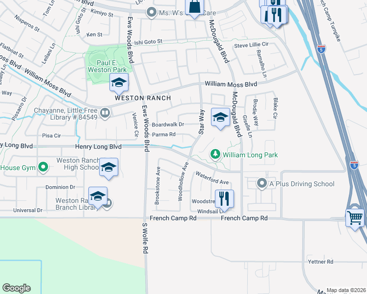 map of restaurants, bars, coffee shops, grocery stores, and more near 1117 Henry Long Boulevard in Stockton