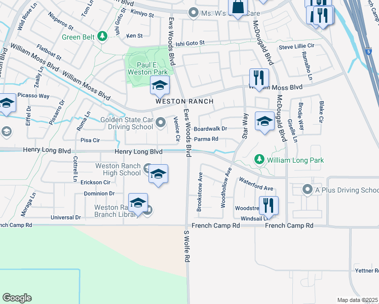 map of restaurants, bars, coffee shops, grocery stores, and more near Henry Long Blvd & Ews Woods Blvd in Stockton