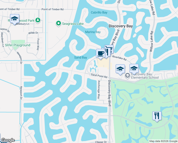 map of restaurants, bars, coffee shops, grocery stores, and more near 2105 Sand Point Road in Discovery Bay