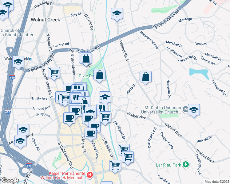 map of restaurants, bars, coffee shops, grocery stores, and more near 140 Sharene Lane in Walnut Creek
