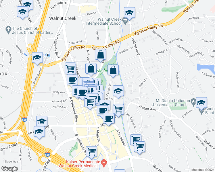 map of restaurants, bars, coffee shops, grocery stores, and more near 1682 Carmel Drive in Walnut Creek