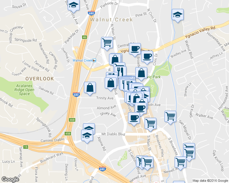 map of restaurants, bars, coffee shops, grocery stores, and more near 1646 North California Boulevard in Walnut Creek