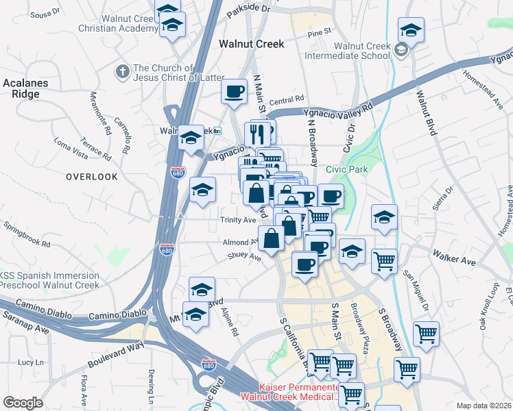 map of restaurants, bars, coffee shops, grocery stores, and more near 1657 North California Boulevard in Walnut Creek
