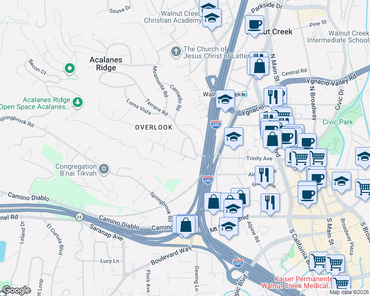 map of restaurants, bars, coffee shops, grocery stores, and more near 1625 Terrace Way in Walnut Creek