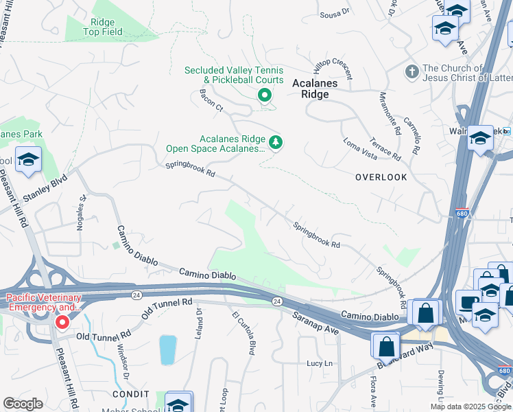 map of restaurants, bars, coffee shops, grocery stores, and more near 1591 Springbrook Road in Walnut Creek