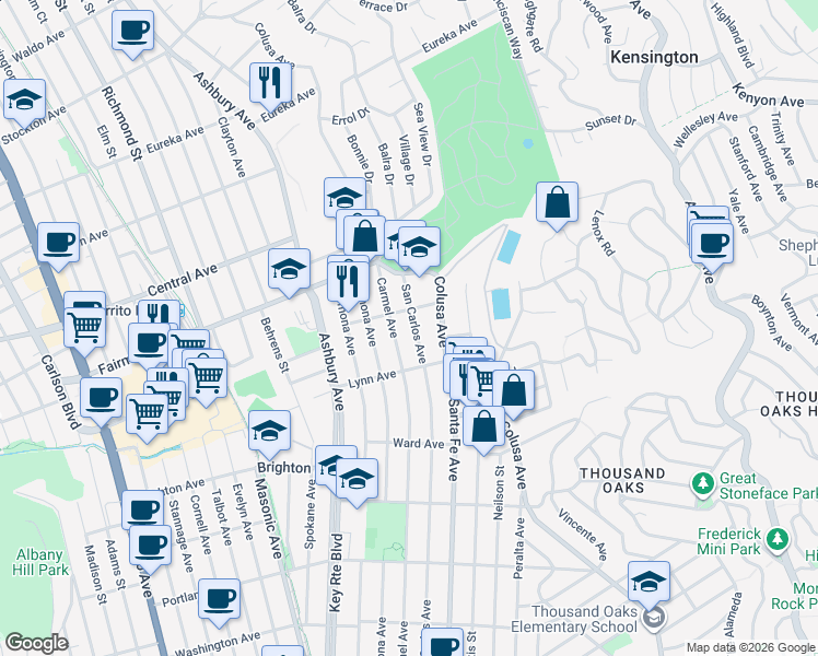 map of restaurants, bars, coffee shops, grocery stores, and more near 236 Carmel Avenue in El Cerrito