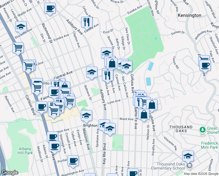 map of restaurants, bars, coffee shops, grocery stores, and more near 244 Pomona Avenue in El Cerrito