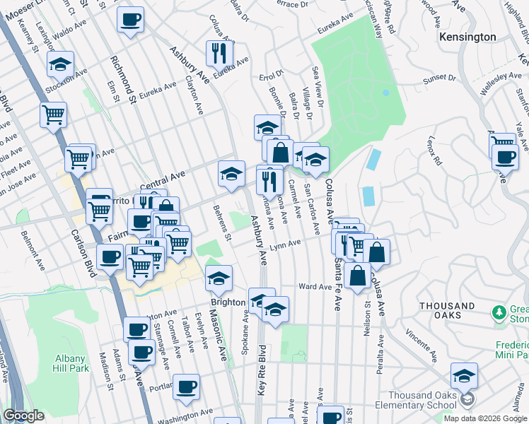 map of restaurants, bars, coffee shops, grocery stores, and more near 244 Pomona Avenue in El Cerrito