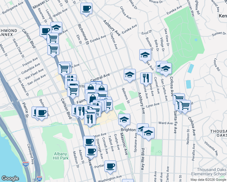 map of restaurants, bars, coffee shops, grocery stores, and more near 324 Victoria Street in El Cerrito