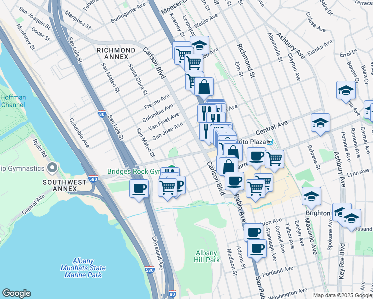 map of restaurants, bars, coffee shops, grocery stores, and more near 3124 Yosemite Avenue in El Cerrito