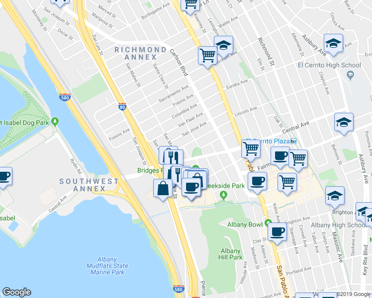 map of restaurants, bars, coffee shops, grocery stores, and more near 5628 El Dorado Street in El Cerrito