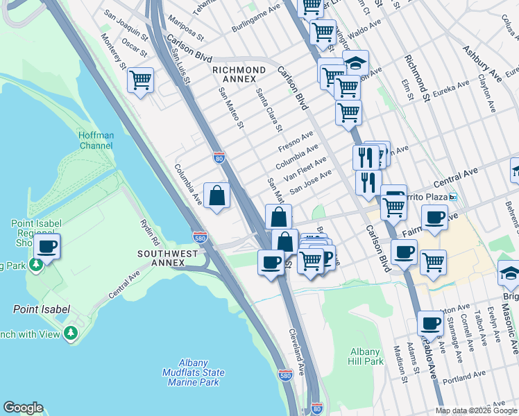 map of restaurants, bars, coffee shops, grocery stores, and more near 5422 Van Fleet Avenue in Richmond