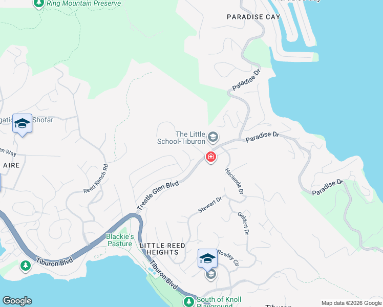 map of restaurants, bars, coffee shops, grocery stores, and more near 21 Venus Court in Tiburon