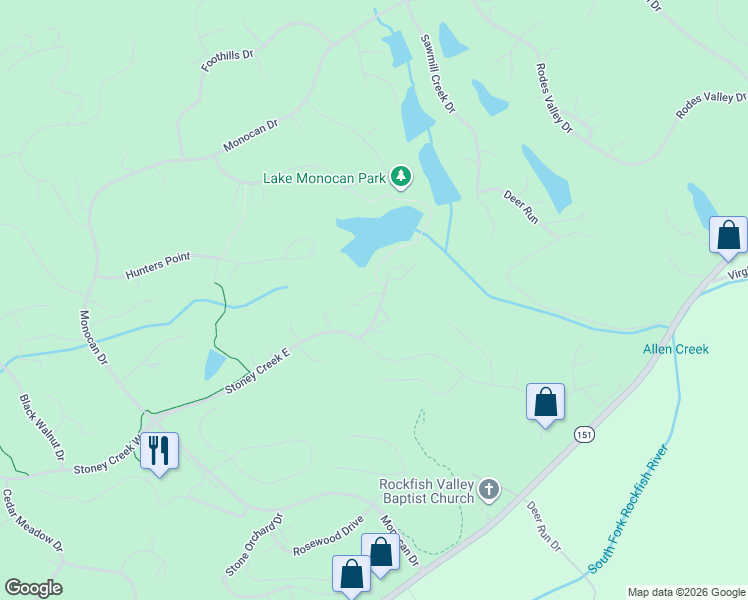 map of restaurants, bars, coffee shops, grocery stores, and more near 2-98 Barn Owl Lane in Nellysford