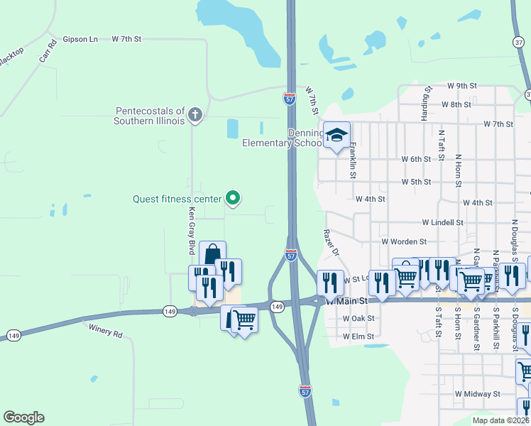 map of restaurants, bars, coffee shops, grocery stores, and more near 1069-1099 Factory Outlet Boulevard in West Frankfort