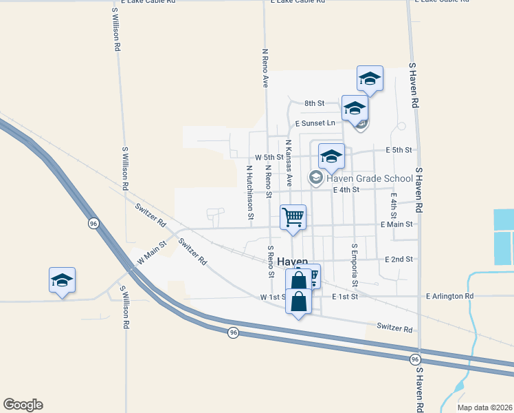 map of restaurants, bars, coffee shops, grocery stores, and more near 116 North Hutchinson Street in Haven