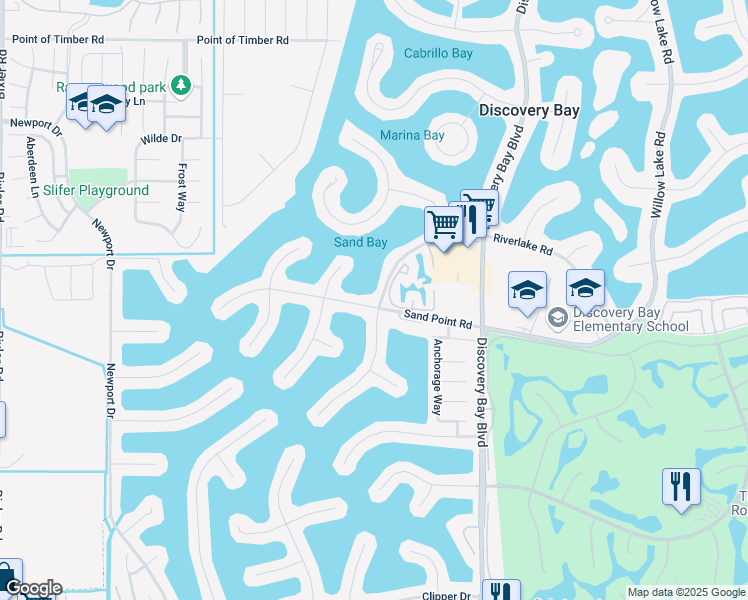 map of restaurants, bars, coffee shops, grocery stores, and more near 2105 Sand Point Road in Discovery Bay