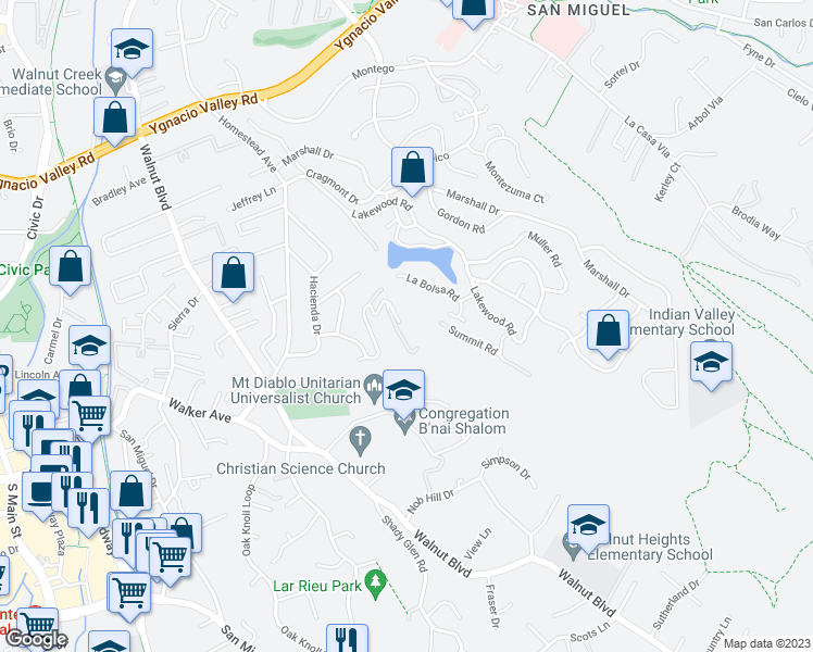 map of restaurants, bars, coffee shops, grocery stores, and more near 17 Paseo Cima in Walnut Creek