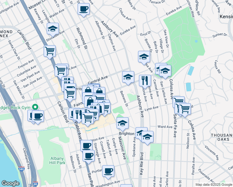 map of restaurants, bars, coffee shops, grocery stores, and more near 324 Victoria Street in El Cerrito