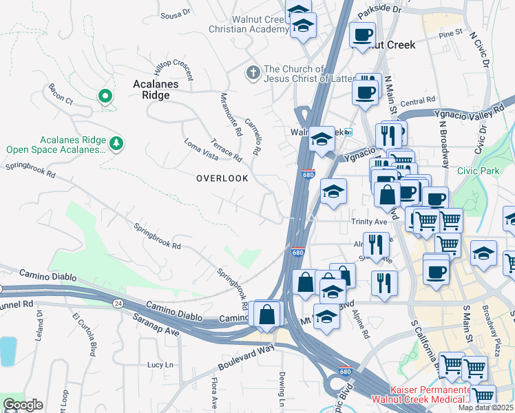 map of restaurants, bars, coffee shops, grocery stores, and more near 1625 Terrace Way in Walnut Creek
