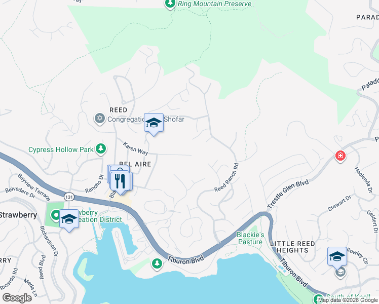 map of restaurants, bars, coffee shops, grocery stores, and more near 349 Karen Way in Tiburon