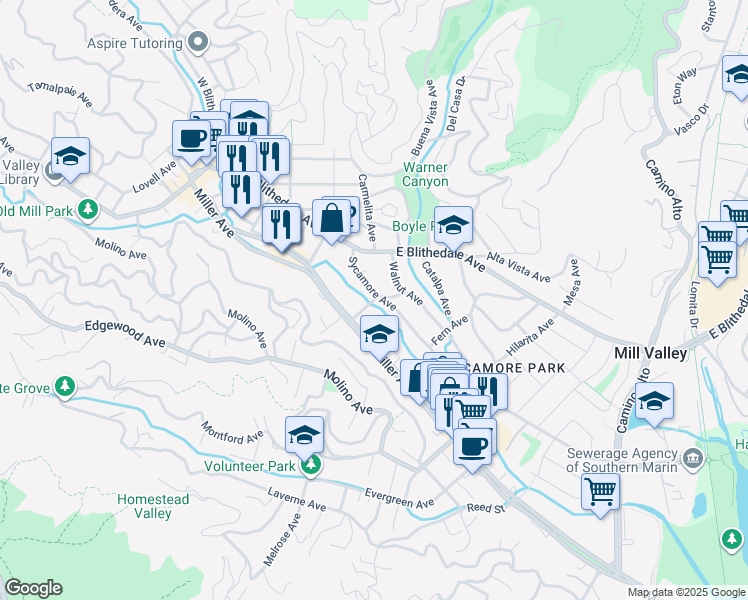 map of restaurants, bars, coffee shops, grocery stores, and more near Park Avenue in Mill Valley