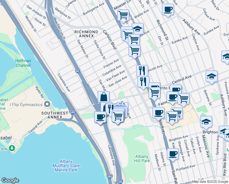 map of restaurants, bars, coffee shops, grocery stores, and more near 5700 El Dorado Street in El Cerrito