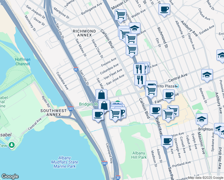 map of restaurants, bars, coffee shops, grocery stores, and more near 5700 El Dorado Street in El Cerrito