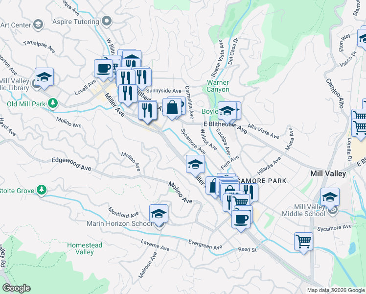 map of restaurants, bars, coffee shops, grocery stores, and more near 205 Miller Avenue in Mill Valley