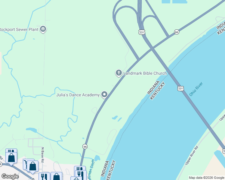 map of restaurants, bars, coffee shops, grocery stores, and more near 1038 Ohio River Scenic Byway in Rockport