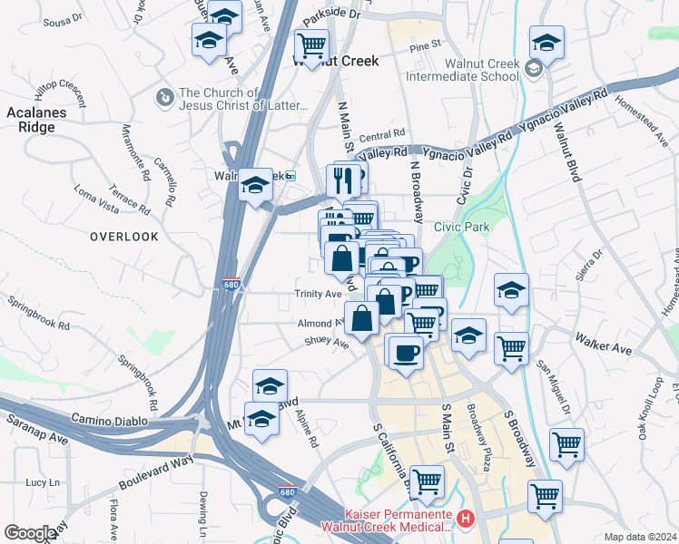 map of restaurants, bars, coffee shops, grocery stores, and more near 1663 North California Boulevard in Walnut Creek