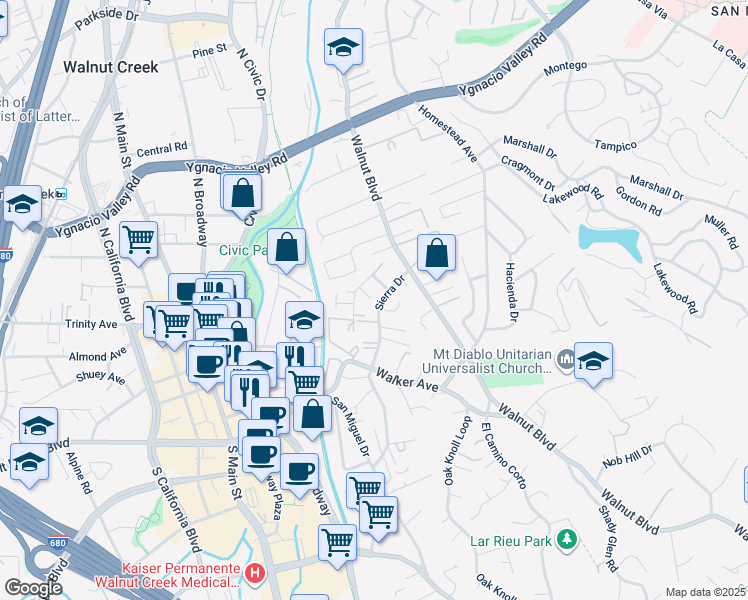map of restaurants, bars, coffee shops, grocery stores, and more near 14 Edmund Court in Walnut Creek
