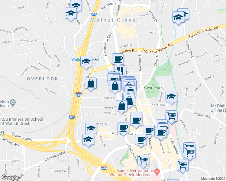 map of restaurants, bars, coffee shops, grocery stores, and more near 1657 North California Boulevard in Walnut Creek