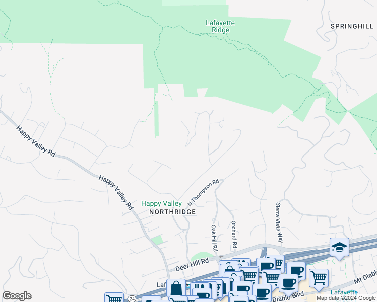 map of restaurants, bars, coffee shops, grocery stores, and more near 1240 Monticello Road in Lafayette