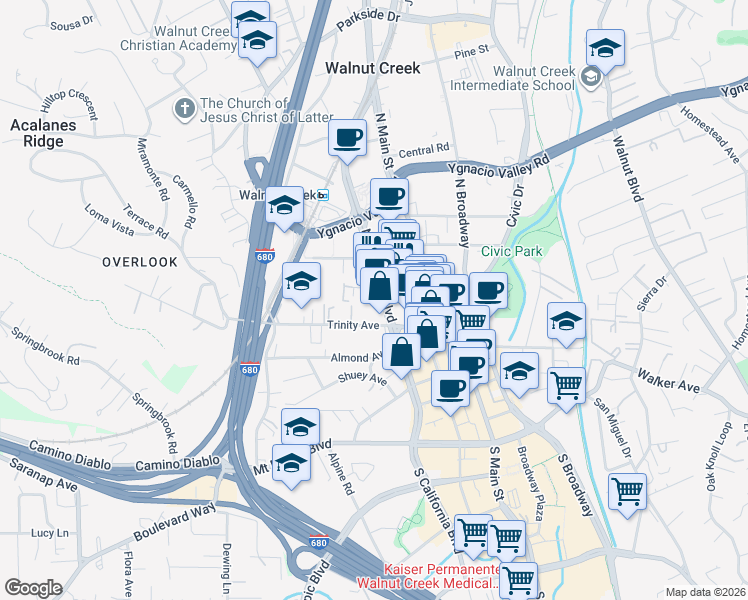 map of restaurants, bars, coffee shops, grocery stores, and more near 1657 North California Boulevard in Walnut Creek