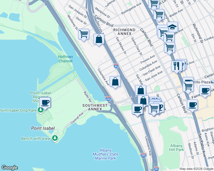 map of restaurants, bars, coffee shops, grocery stores, and more near 2625 Columbia Boulevard in Richmond