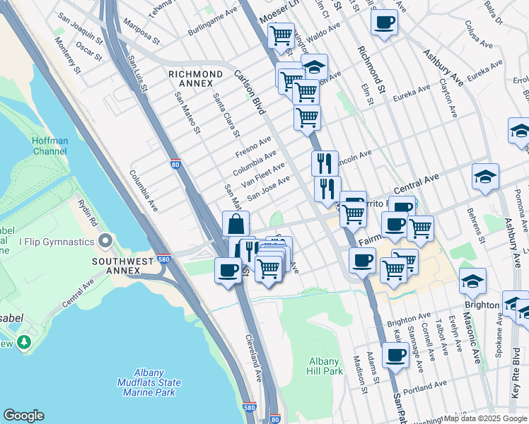 map of restaurants, bars, coffee shops, grocery stores, and more near 5720 El Dorado Street in El Cerrito