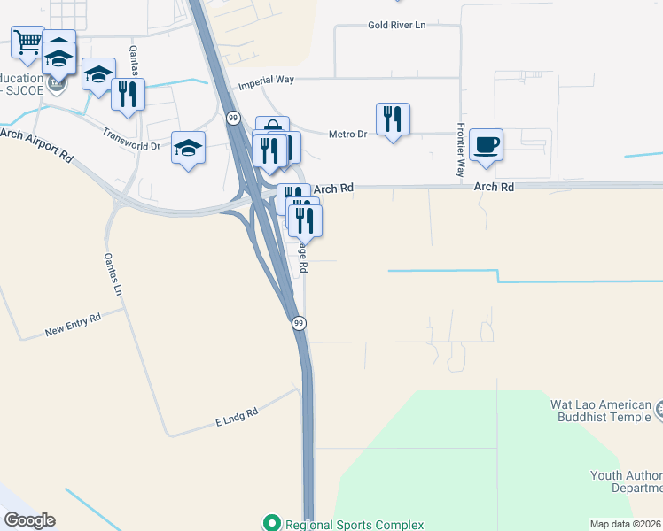 map of restaurants, bars, coffee shops, grocery stores, and more near 5054 California 99 in Stockton