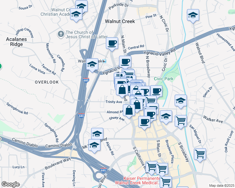 map of restaurants, bars, coffee shops, grocery stores, and more near 1655 North California Boulevard in Walnut Creek