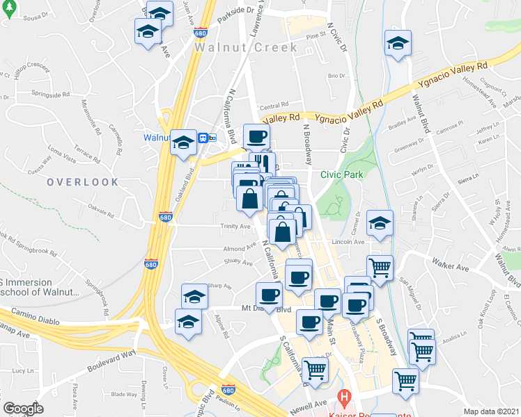 map of restaurants, bars, coffee shops, grocery stores, and more near 1676 North California Boulevard in Walnut Creek