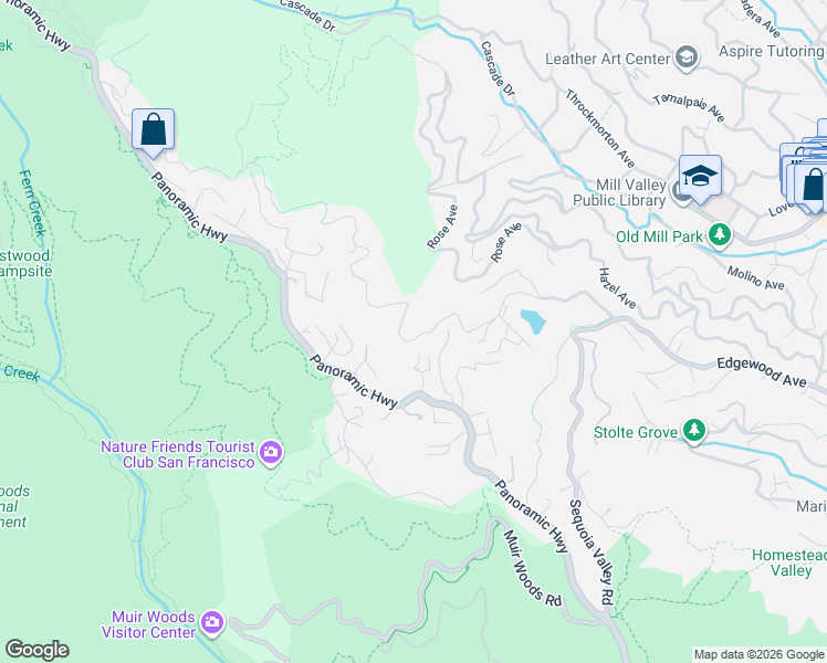 map of restaurants, bars, coffee shops, grocery stores, and more near 553 Edgewood Avenue in Mill Valley
